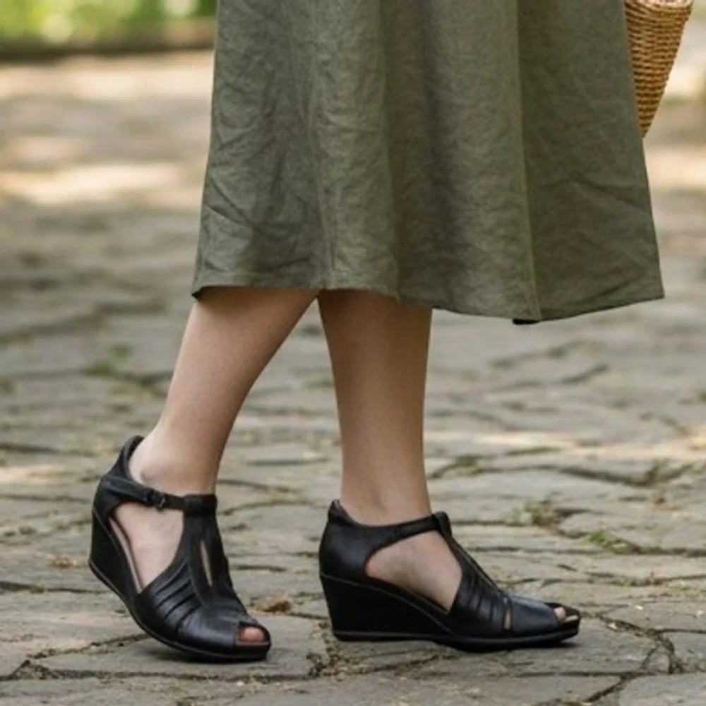 Earth Primrose Women Wedge Sandal Size 9 Comfort Walking Black Leather T-Strap